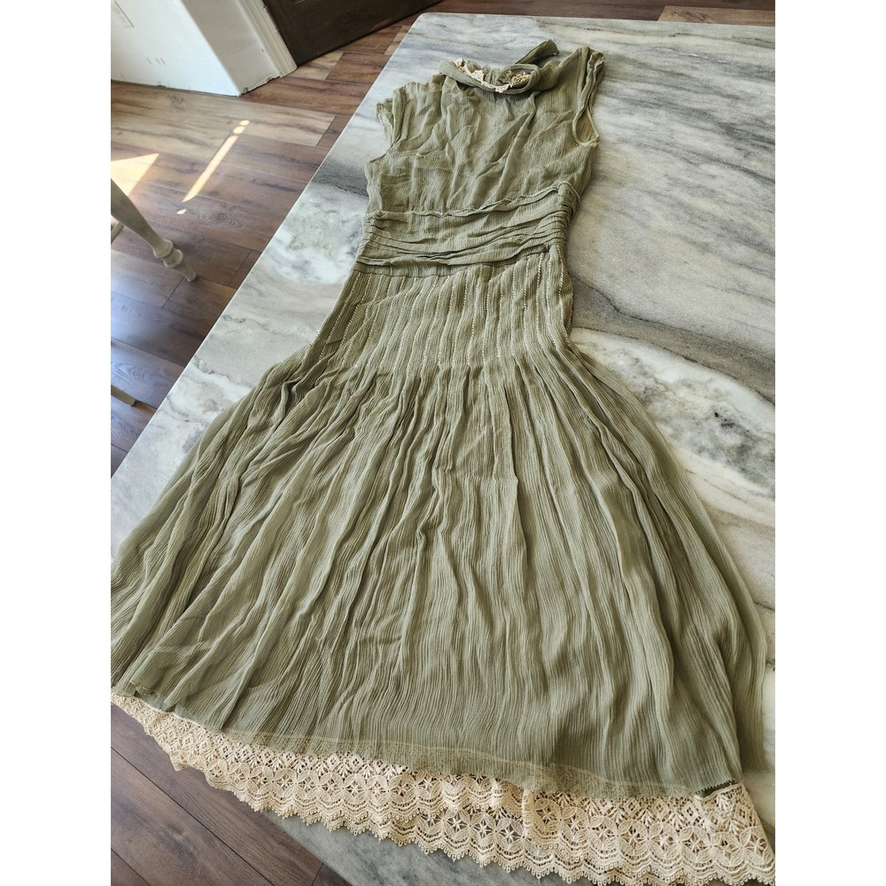 Elie Tahari Sage Green Crinkle Chiffon Boho Midi Dress Lace Trim Cottagecore
